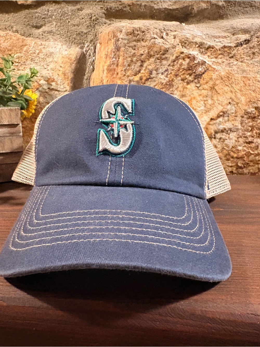47 Brand Navy and Cream Trucker Hat with Teal-Accented Embroidered S